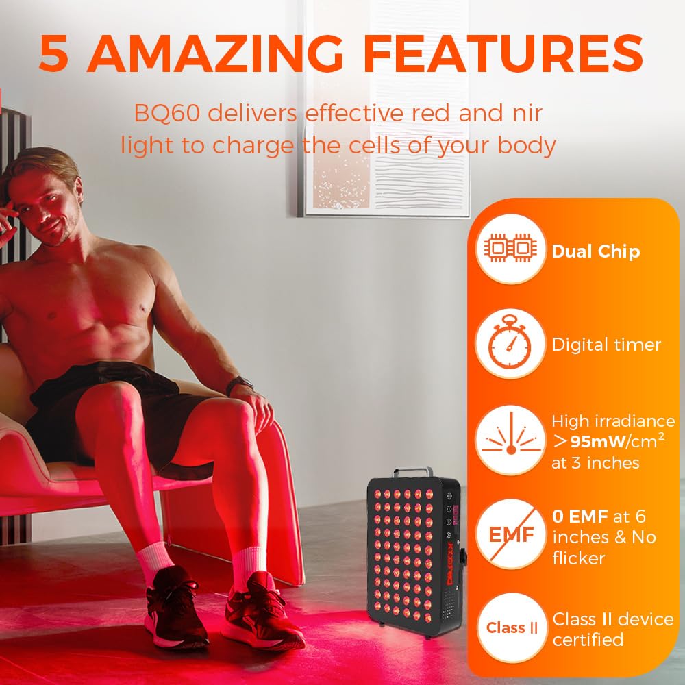 BestQool Red Light Therapy, 6 Wavelengths Infrared Light Therapy with Stand, Elite Grade 60 LED Dual Chip Red Light Therapy for Face, Body, Pain Relief, Recovery, Improve Sleep, 140W