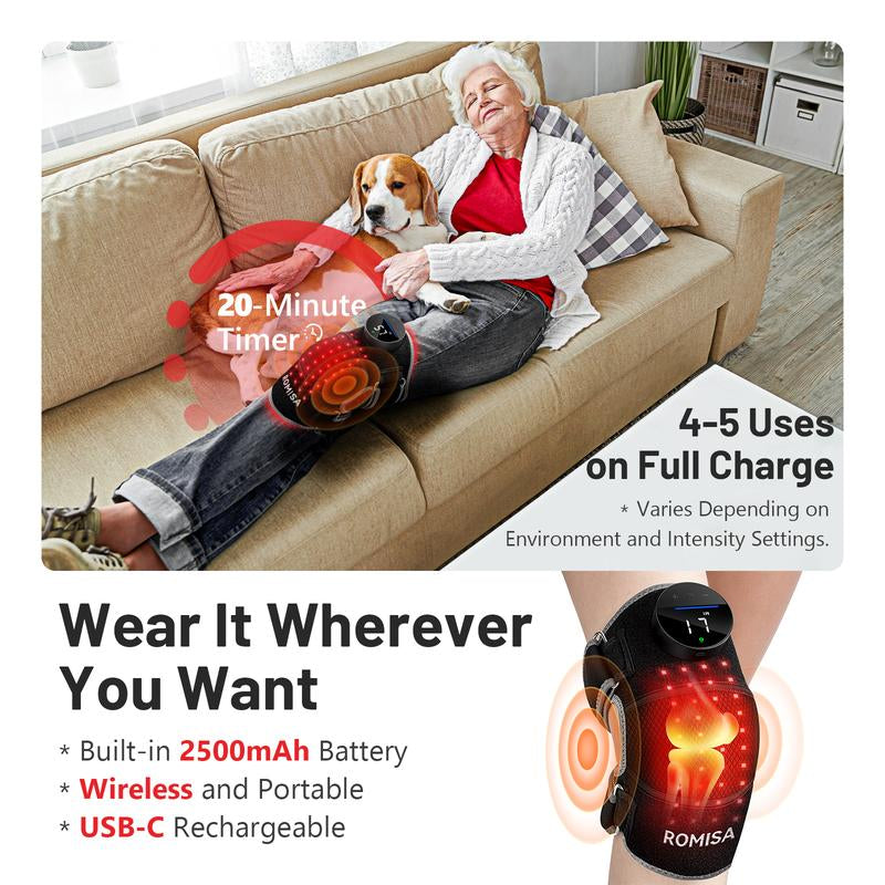 Best Gift for Parents Red Light Therapy & Vibration Massage Knee Brace - Wireless Rechargeable Controller, 660Nm&850Nm Red Light Therapy Heated Device for Knee/Joint/Elbow/Shoulder Pain Relief, Faster Recovery Black Cordless